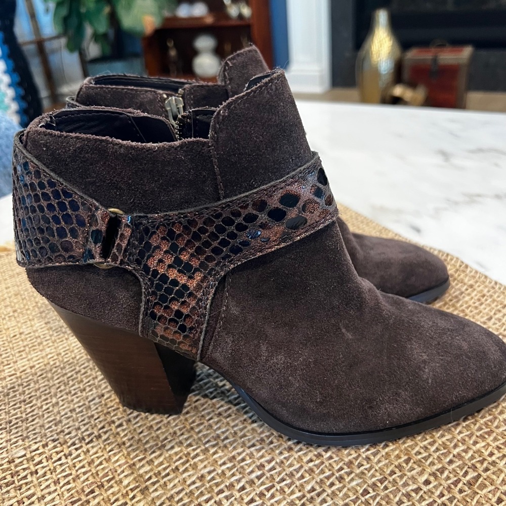 Donald J. Pliner Dark Brown Suede Ankle Booties with Snakeskin Strap